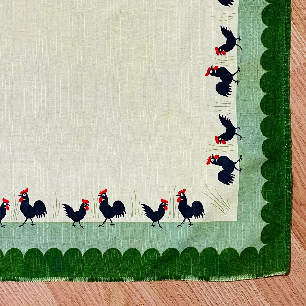 Vintage Rooster & Hen Yellow Green Border Tablecloth 34x38
